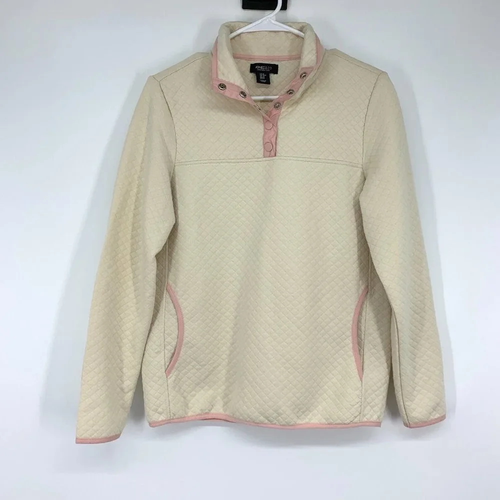 Jones New York Pullover Sweater Ivory Quilted 1/4 Snap Button